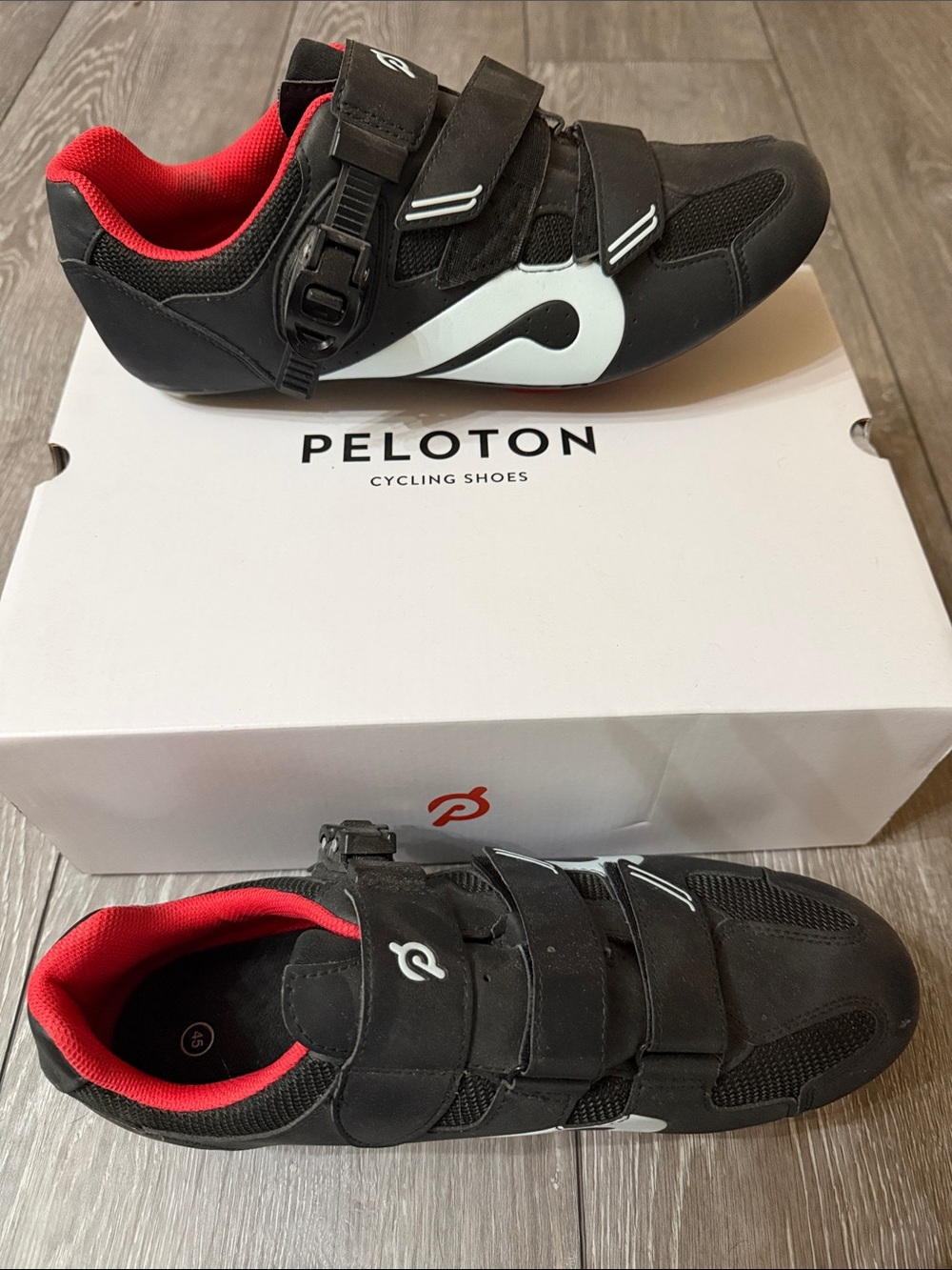 Peloton Mens Black and Red Cycling Shoes with White Accent